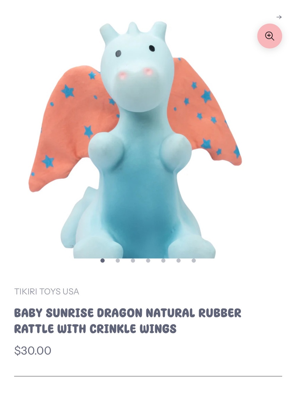 TIKIRI Baby Sunrise Dragon Natural Rubber Rattle - Light Blue with Coral Wings